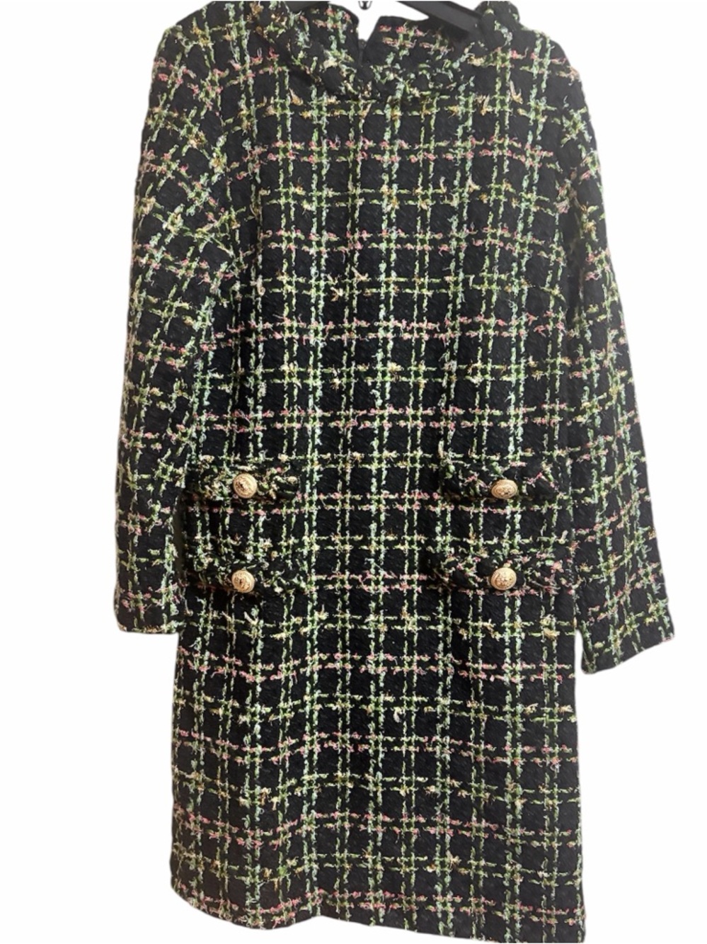 Tweed Plaid Hooded Coat Dress in Black with Lime & Pink Accents Sz M Women - Picture 5 of 8